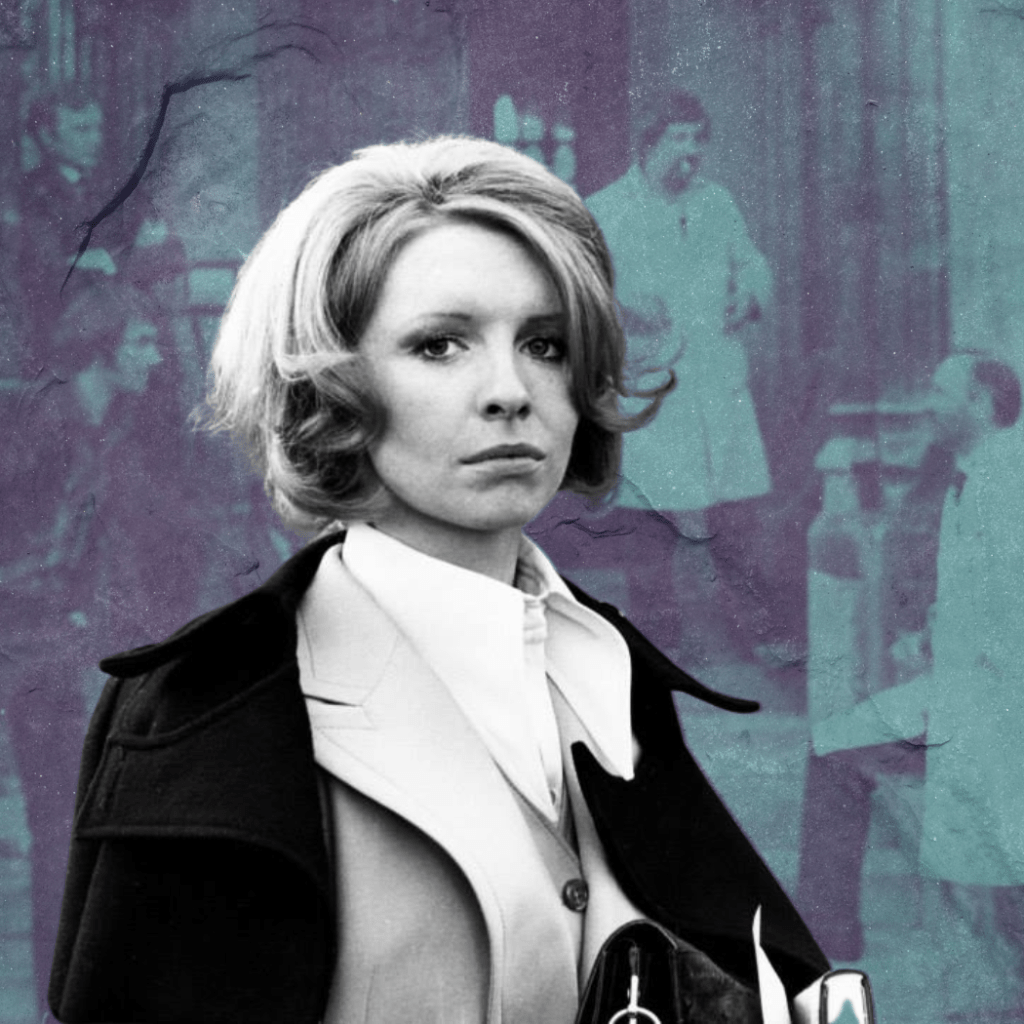 Researcher Jill Greeley, played by Jane Asher, stands in front of a group of her colleagues outside the Taskerlands research facility in a promotional image from the 1972 BBC ghost story, The Stone Tape. 
