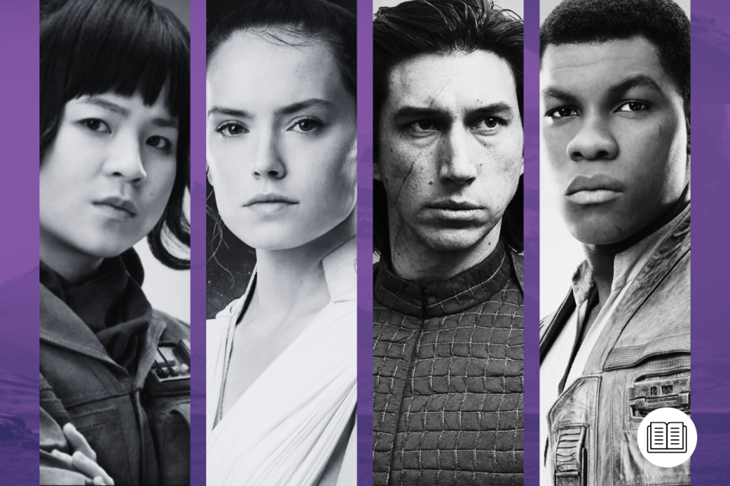 Black-and-white photos of Rose Tico, Rey, Kylo Ren and Finn from the Star Wars sequel trilogy, inset as panels against a deep purple background. 